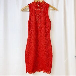 Red High Neck Lace Mini Dress